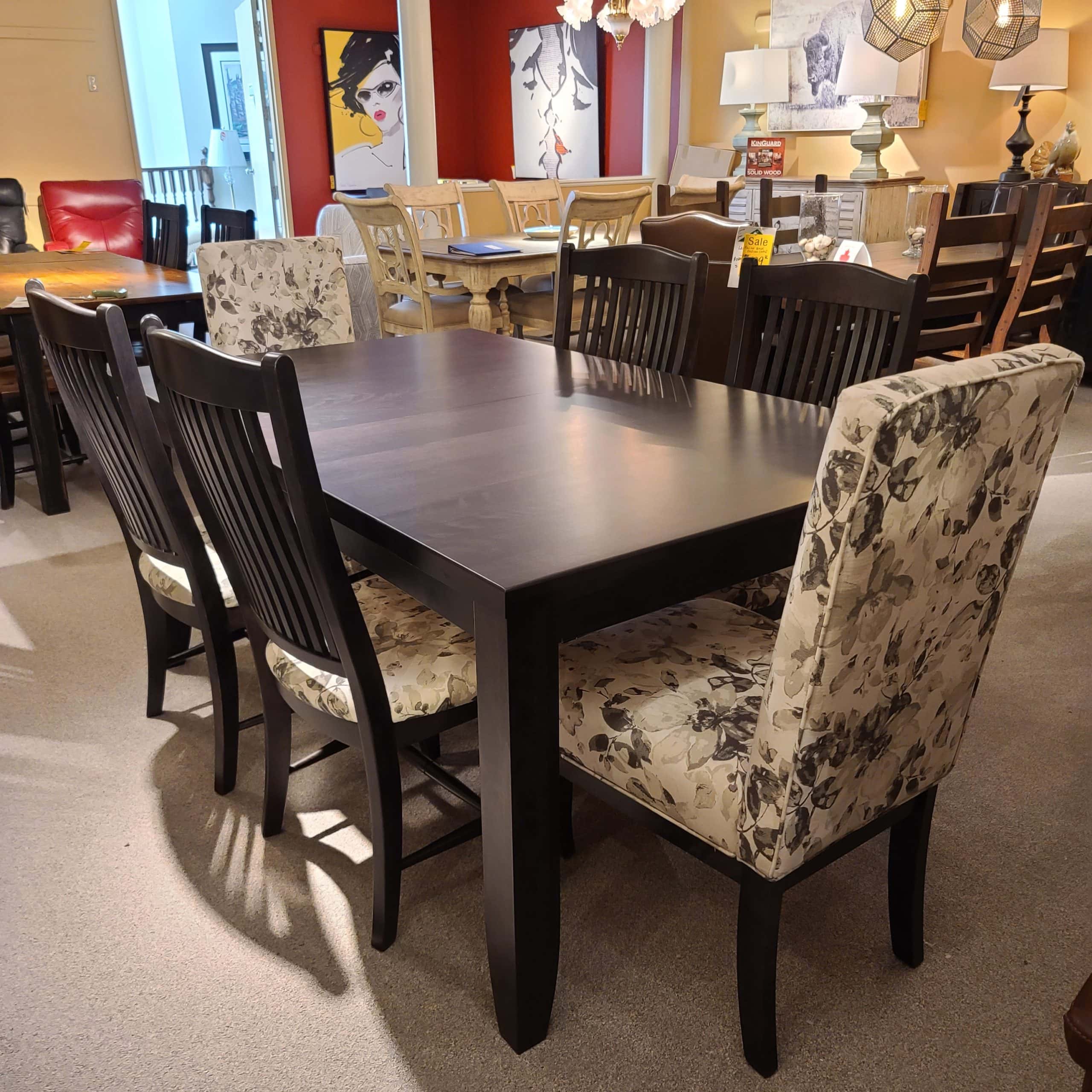 Dark Wood Dining Table with Upholstered Dining Chairs