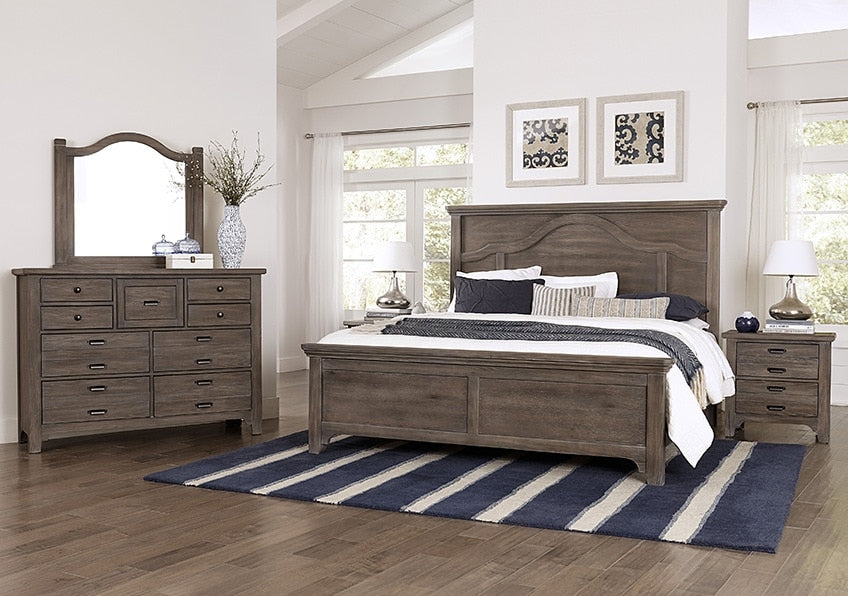 showroom set of Vaughan Bassett Bungalow Bedroom Collection made with muted brown, solid wood and