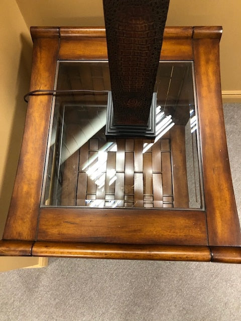Glass Top Basket Weave End Table